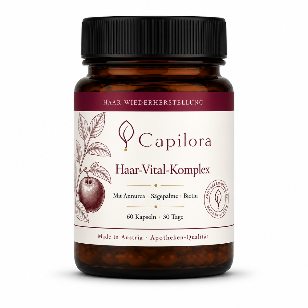 Capilora Haar-Vital-Komplex, 60 Kapseln, Amber-Glas mit Cream-Label Haar-Wiederherstellung