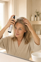 Frau um die 50 trägt das Capilora Haarwurzel-Aktivator Spray am Scheitel auf